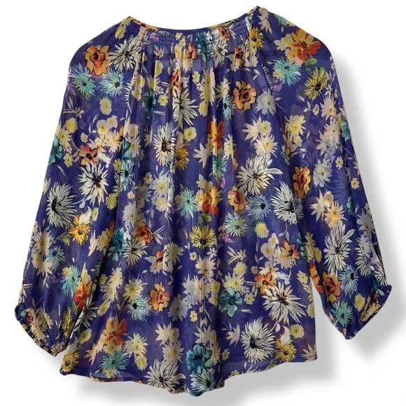 Sundance Blouse M Purple 100% Silk Floral Sheer Peasant Top Boho Cottagecore - Picture 2 of 10